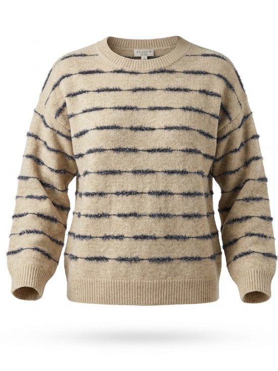Studio B Sweaters - Studio B by Bobeau Tan Striped Sweater Eyelash Metallic Silver Trim Medium